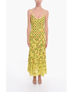 Vestido evasé de viscosa y crochet con motivo floral de cuentas en verde