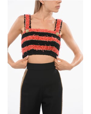 Top corto de tweed a rayas bicolor en negro y rojo