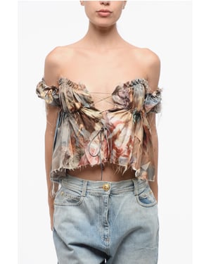 Top de seda con hombros descubiertos y estampado multicolor