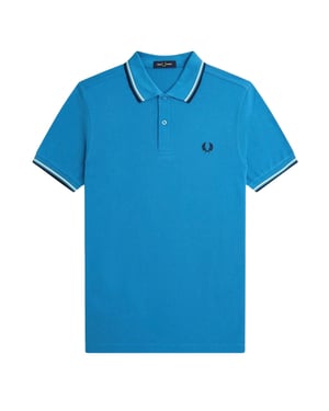 Polo Azul Cibernético Con Cuello Doble Ribeteado En Crema Y Negro De Fred Perry