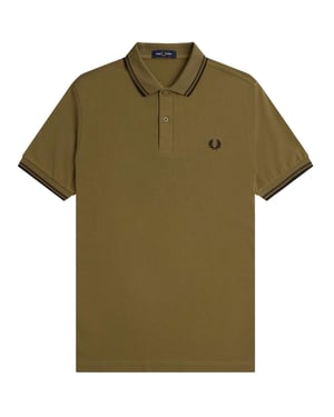 Polo Fred Perry Negro Con Cuello Con Ribete Doble En Marrón Oscuro