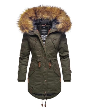 Chaqueta de invierno Marikoo para mujer con cuello de pelo sintético desmontable y cordón en la cintura