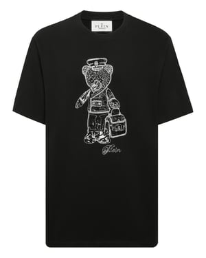 Black White Round Neck T-Shirt Teddy Bear