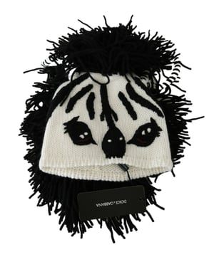 Gorro de punto de cebra con flecos en crema y negro