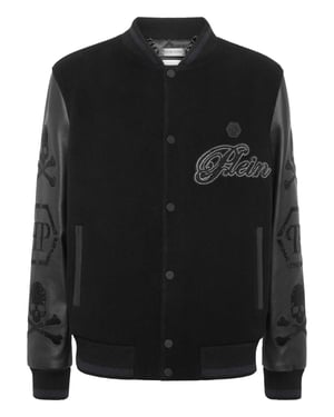 Wool & Leather Varsity Bomber Jacket Patches Stones