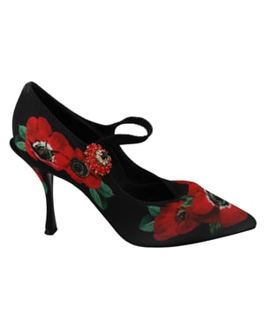 Zapatos de tacón Mary Jane con flores de amapolas