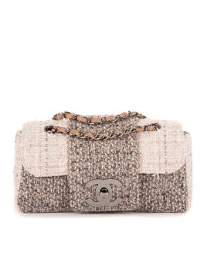 Chanel Vintage Tweed Turnlock Single Flap  en Beige/Gris Lienzo