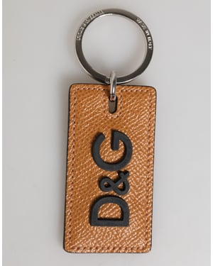 Llavero de metal con anillo y logotipo en cuero marrón para hombres