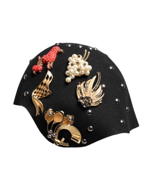 Sombrero cloche de lana negra multicolor adornado