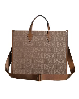 Bolso Tote Crossbody de Cuero Jacquard con Logo y Asa Superior Marrón