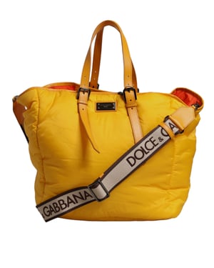 Bolso Tote de Mano y Hombro con Placa de Logo de Nailon Naranja Amarillo