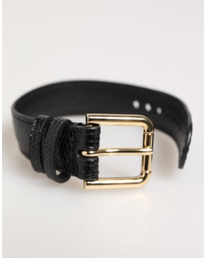Pulsera de correa de cinturón de cuero negro grabado con hebilla dorada
