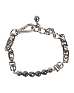 Pulsera de perlas grises con logotipo y cierre de langosta en tono plata