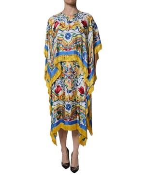 Vestido midi con estampado de mayólica y flecos