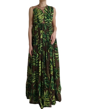 Vestido Maxi de Seda Impresa con Estampado de Hojas Tropicales