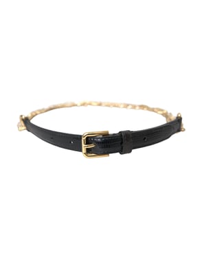 Cinturón de mujer Dolce & Gabbana de cuero negro con cadena dorada y cristales