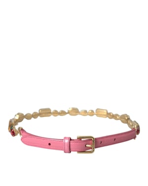 Cinturón de Cuero Rosa con Cadena de Cristales Embellecida de Dolce & Gabbana