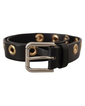 Cinturón de piel negra Dolce & Gabbana con hebilla de metal tono plateado y ojales.