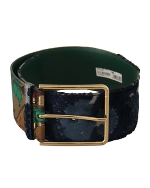 Cinturón de Cuero Bordado Jacquard Verde Dolce & Gabbana con Metal Dorado