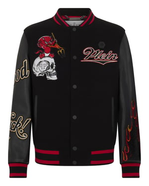 Varsity Bomber With Leather Sleeves Devil Skull