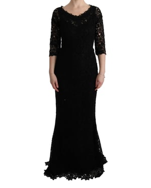 Vestido Largo de Encaje Ajustado con Cuello Redondo