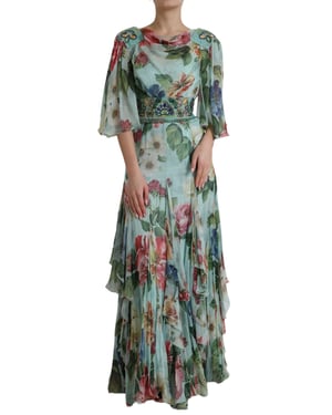 Vestido Largo de Chifón de Seda con Estampado Floral
