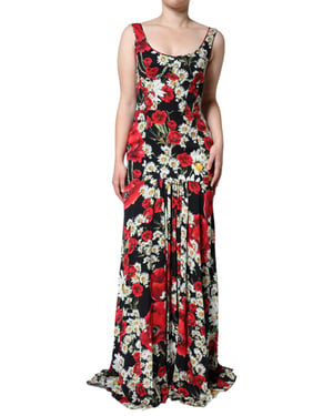 Vestido Maxi de Seda Floral Sin Mangas con Escote Redondo