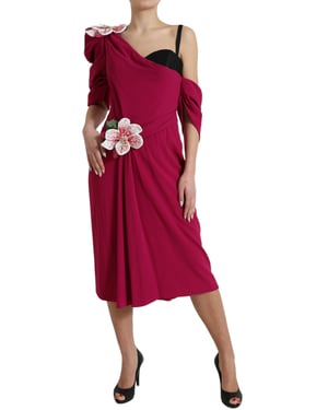 Vestido Midi de Un Hombro con Apliques Florales