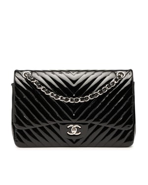 Bolso Jumbo Clásico Chevron de Patente de Segunda Mano con Doble Solapa