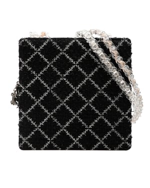Bolso de compra de cadena con cremallera de tweed y resina de segunda mano