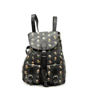 Mochila de festival de cuero preusado con estampado floral pradera