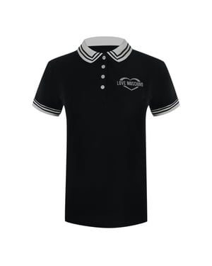 Polo Negro Con Logo De Corazón Plateado De Love Moschino