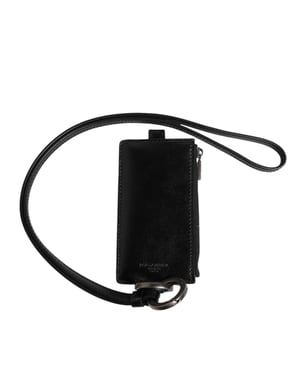 Monedero de Tarjetas con Lanyard de Cuero Negro con Logo Empleado Dolce & Gabbana