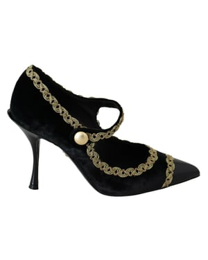Zapatos de Tacón Mary Jane de Terciopelo Negro Con Adornos de Dolce & Gabbana