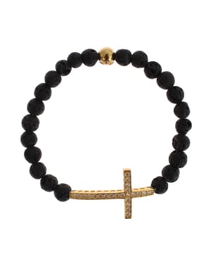 Pulsera Nialaya de Piedra de Lava con Cruz de CZ Clara en Oro y Plata de Ley 925