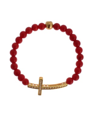 Pulsera de Plata 925 con Cruz de CZ en Oro y Coral Rojo Nialaya