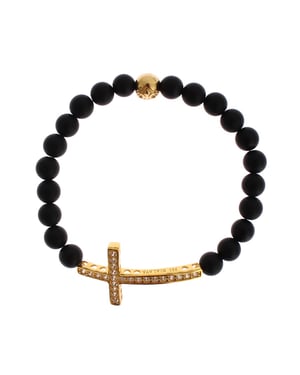 Pulsera de Plata 925 con Cruz de CZ en Oro y Piedra Ónix Mate Nialaya