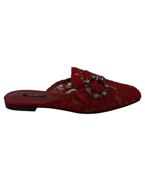 Zapatos Planos Deslizables de Encaje Rojo con Cristales de Dolce & Gabbana