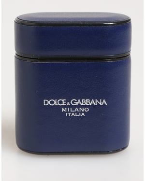 Funda para AirPods de Hombre en Cuero Azul con Logo Impreso de Dolce & Gabbana