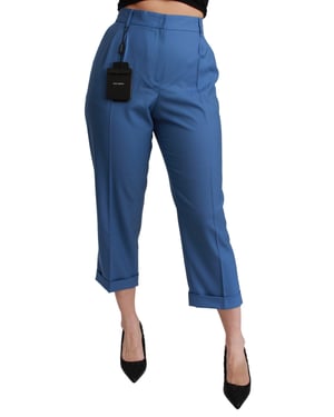 Pantalones Cropped de Lana Azul con Pliegues y Puño de Dolce & Gabbana