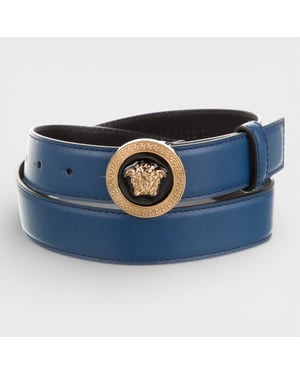 Cinturón de Cuero Medusa de Versace, Azul Marino y Negro