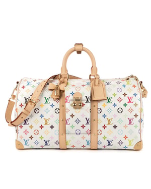 Louis Vuitton Ltd. Ed. LV x Takashi Murakami Keepall Bandoulière 45 45 en Blanco/Multicolor Lienzo recubierto