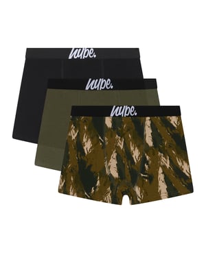 Paquete de 3 Boxers para Niños Negros, Oliva y con Estampado Completo, Ropa Interior Suave y Transpirable