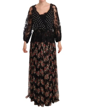 Vestido Maxi con Estampado Floral y Encaje de Lunares