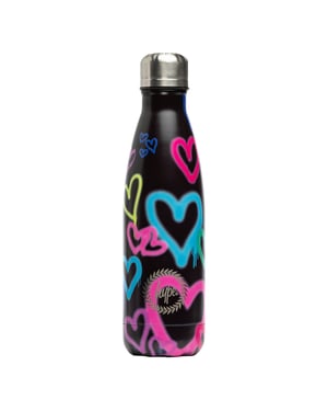 Botella de agua metálica negra con diseño de graffiti y corazón | Tapa roscada reutilizable a prueba de fugas