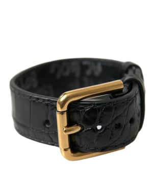 Brazalete de piel texturizada negra Dolce & Gabbana con hebilla de metal dorado