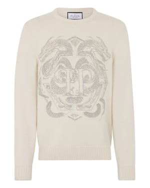 Embroidered Merino Wool Round Neck Pullover Hexagon Dragon