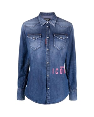 Camisa Vaquera Azul Estilo Western Con Estampado De Iconos De Dsquared2