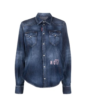 Camisa Vaquera Azul Oscuro Estilo Western Con Logo Invertido De Dsquared2