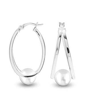 Pendientes de aro ovalados para mujer con perla blanca, plata esterlina 925 BIPE030
